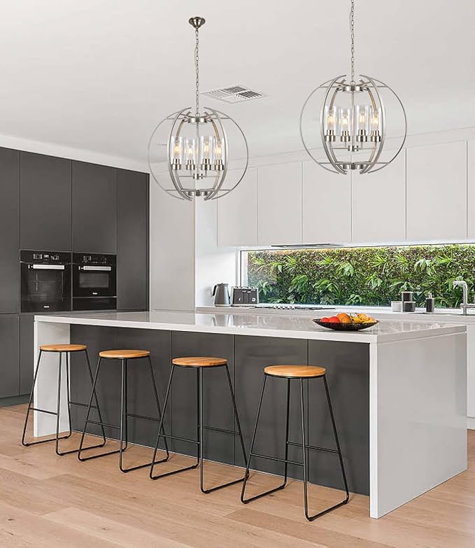 Brushed Nickel Chandelier Globe 24" Dining Room Lighting Fixtures Ceiling Hanging Pendant Lighting with Clear Glass Shades Modern Farmhouse Chandeliers for Foyer Bedroom Kitchen Living E26