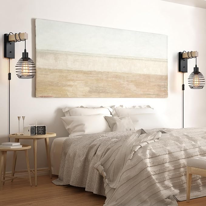 Plug in Wall Light Farmhouse Wall Lamps Set of 2 for Bedroom Industrial Wood Sconces Wall Light Fixtures with Metal Cage Lampshade for Living Room Home Office