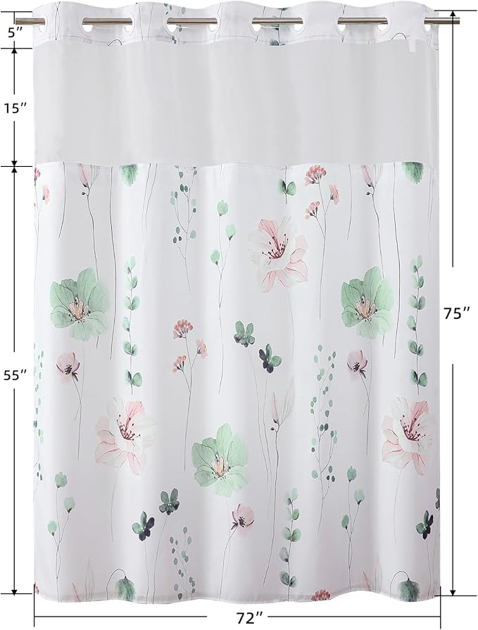 QiyI Flower Shower Curtain with Snap in Liner, Green Watercolor Floral Cloth for Bathroom, No Hook Shower Curtains with Mesh Top Window, Fabric Waterproof Bathroom Set, 72 x 75 Inch