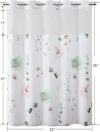 QiyI Flower Shower Curtain with Snap in Liner, Green Watercolor Floral Cloth for Bathroom, No Hook Shower Curtains with Mesh Top Window, Fabric Waterproof Bathroom Set, 72 x 75 Inch