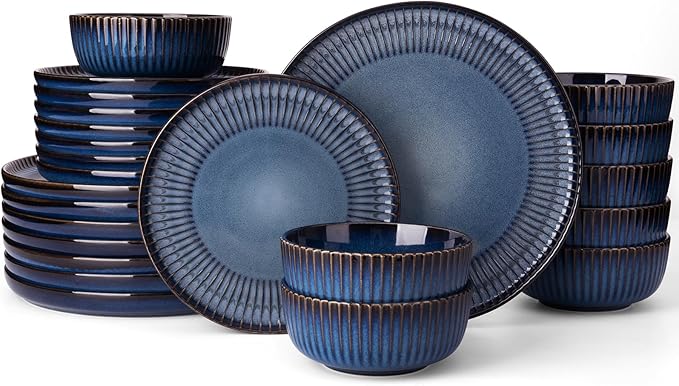 Famiware Starlight Dinnerware Sets, Plates and Bowls Dish Set of 8 (24 Pieces), Ribbed Textured Tableware - Dishwasher & Microwave Safe, Chip & Scratch Resistant, Reactive Glaze, Starry Blue