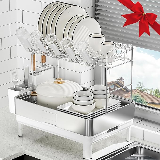 Dish Drying Rack, 2 Tier Large Dish Rack, Stainless Steel Dish Drainer for Kitchen Counter, Dishes Rack with Automatic Drainage, Utensil Holder,Cups Holder,Space Saving Kitchen Organizer,White