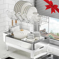 Dish Drying Rack, 2 Tier Large Dish Rack, Stainless Steel Dish Drainer for Kitchen Counter, Dishes Rack with Automatic Drainage, Utensil Holder,Cups Holder,Space Saving Kitchen Organizer,White