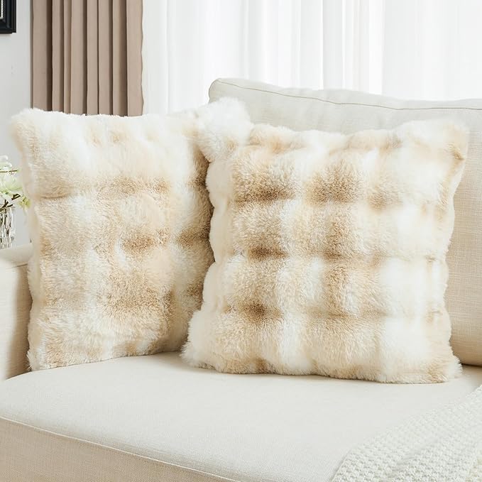 FUTEI Beige White Decorative Throw Pillow Covers 26x26 Inch Set of 2,Soft Fuzzy Faux Rabbit Fur Euro Pillow Shams with Raised Texture,Neutral Boho Home Decor for Couch Bed Living Room