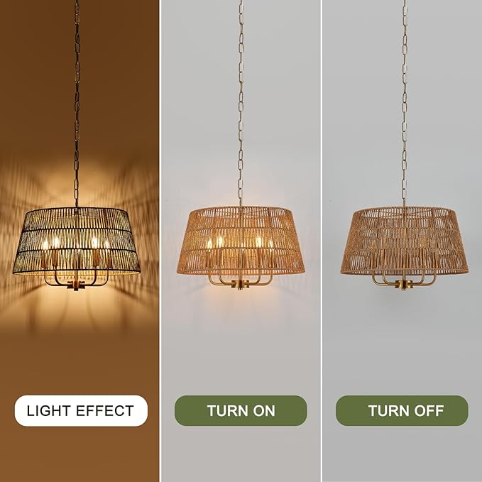 19.7" Boho Rattan Chandelier Vintage Farmhouse 5-Lights Hand-Woven Bamboo Golden Chandelier Light Fixture Retro Drum Wicker Gold Chandeliers for Dining Room, Kitchen, Living Room, E12