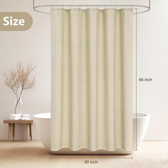 Heavyweight Beige Fabric Shower Curtain Short 60 x 66 inch, Water-Resistant Faux Linen Polyester Farmhouse Shower Curtain, Boho Chic Small Bathroom Curtain for Rv Camper Trailer