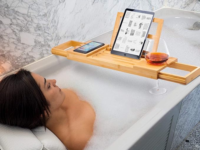 Utoplike Bamboo Bathtub Caddy Tray Bath Tray for Tub, Adjustable Bathroom Bathtub Organizer with Book Tablet Wine Glass Cup Towel Holder
