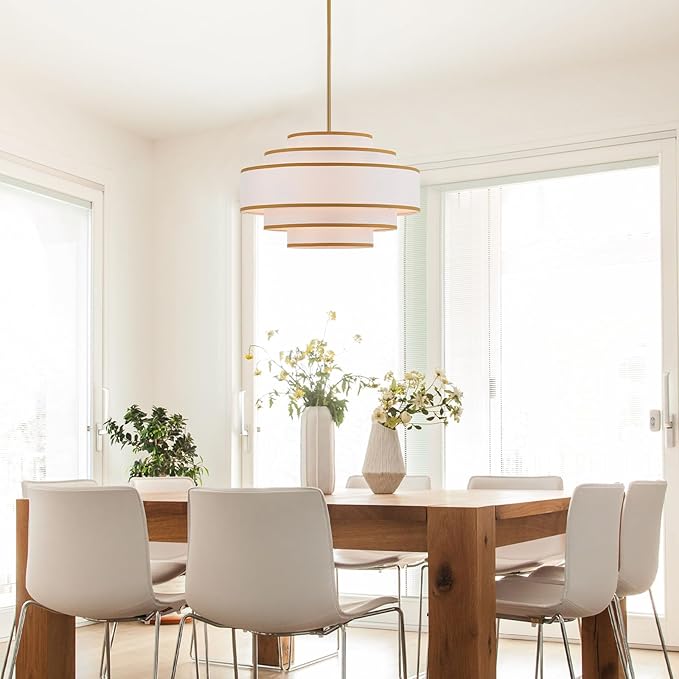 19.7" Gold Drum Chandelier with White Linen Lampshade 4-Light Modern Farmhouse Chandelier Light Fixture for Living Room, Dining Room, Kitchen Island, Foyer, Entryway, Bedroom