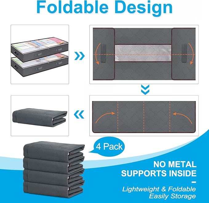 Budding Joy 90L Under Bed Storage Containers, Closet Organizers and Storage Bins, Foldable Underbed Storage Bags for Blanket, Clothing, Comforter, Sweaters, Pillows, Linen Sheets, Wrapping Paper, Grey