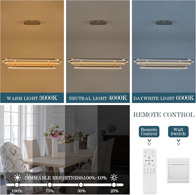 3 Ring LED Chandelier Nickel Rectangular Chandeliers 39in Wood Pirinted Oval Dining Room Chandeliers Over Table Dimmable Weathered Wood Rectangle Chandelier Light for Kitchen Island Study Room