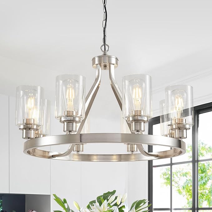 8-Light Modern Chandeliers for Dining Room Light Fixture Brushed Nickel Kitchen Chandelier Ceiling Hanging Pendant Lighting with Glass Shade for Living Room Entryway Adjustable Height E26