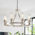 8-Light Modern Chandeliers for Dining Room Light Fixture Brushed Nickel Kitchen Chandelier Ceiling Hanging Pendant Lighting with Glass Shade for Living Room Entryway Adjustable Height E26