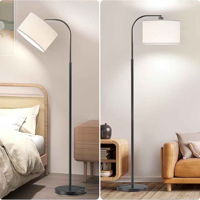 Arc Floor Lamps for Living Room with 3 Color Temperatures, Modern Floor Lamp Reading Light with 9W Bulb Included, Standing Lamp with Adjustable White Hanging ‎Lampshade for Bedroom Office(Black)