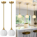 Milk Glass Pendant Lights Kitchen Island 2 Pack, 7.3" Brushed Gold Modern Pendant Light Fixtures with Rods, Globe Hanging Lighting for Kitchen Sink Bathroom Dining Room, E26 Base