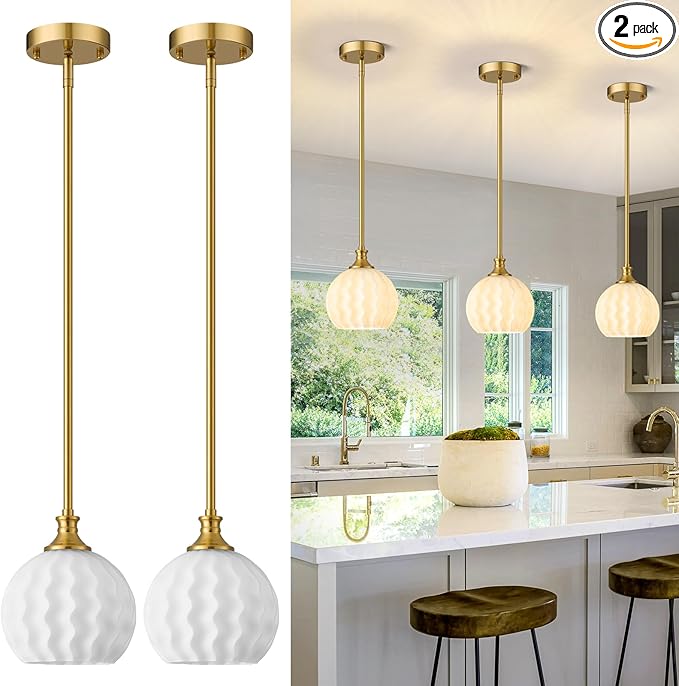 Milk Glass Pendant Lights Kitchen Island 2 Pack, 7.3" Brushed Gold Modern Pendant Light Fixtures with Rods, Globe Hanging Lighting for Kitchen Sink Bathroom Dining Room, E26 Base
