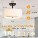 3-Light Semi Flush Mount Ceiling Light Modern Black Drum Light Fixtures with White Fabric Cover Shade Round Chandelier for Bedroom Living Room Kitchen and Hallway