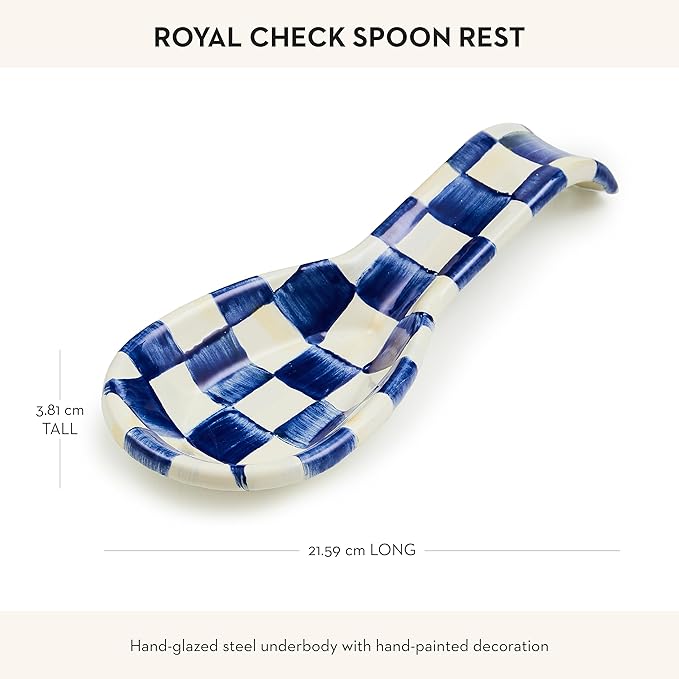 MACKENZIE-CHILDS Enamel Spoon Rest, Kitchen Spoon Holder and Utensil Rest for Stovetop, Blue-and-White Royal Check