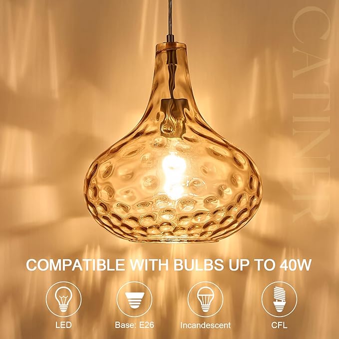 11" Amber Hammered Glass Pendant Light, Blown Glass Hanging Light Fixture with Brushed Nickel Finish, Vintage Modern Ceiling Light for Kitchen Island, Dining Room, Hallway, Living Room