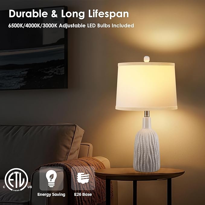GRUENLICH Ceramic Table Lamp Set of 2 for Nightstand, 22.5" Modern White Bedside Lamp with 3 Adjustable Color Temperature, Bedroom Light for Living Room Desk End Table Office (2 LED Bulbs Included)