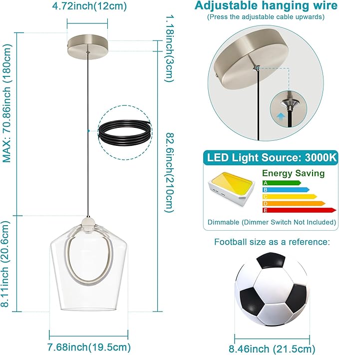Modern Glass Pendant Lighting for Kitchen Island 1 Pack, Nickel LED Pendant Light Fixtures, Adjustable Hanging Ceiling Light, Angled Clear Glass Shades 8 Inch