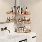 3-Tier Corner Bathroom Counter Organizer with Top Toothbrush Holders,Large Makeup Organizer Countertop with Brush Holder,Skincare Organizers Corner,Exquisite Vanity Organizer (Gold, 3 Tier)