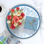 Round Blue Decorative Tray for Coffee Table, Ottoman, 13” Plastic Serving Platter Tray with Handles for Entertaining, Living Room