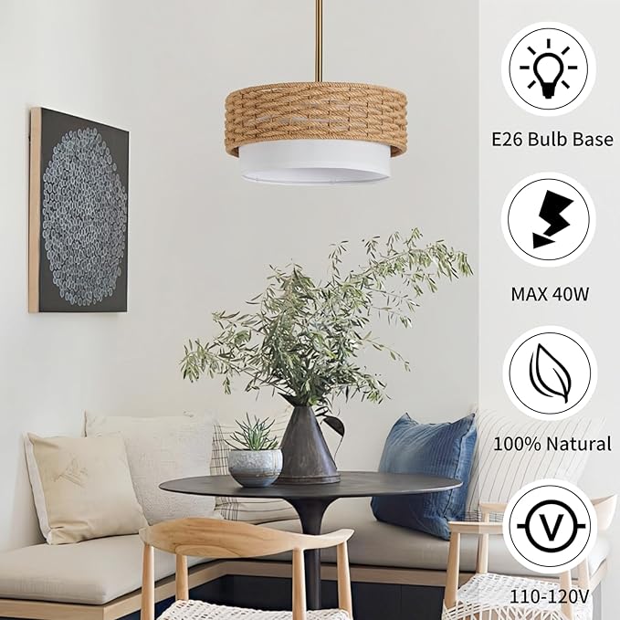 15in Boho Coastal Pendant Lights, 15in Woven Rattan Lighting Fixture, 2-Tier Rope Chandelier with Fabric Shade for Kitchen Island, Living Room, Dining Room, Bedroom, Restaurant