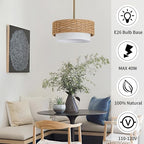 15in Boho Coastal Pendant Lights, 15in Woven Rattan Lighting Fixture, 2-Tier Rope Chandelier with Fabric Shade for Kitchen Island, Living Room, Dining Room, Bedroom, Restaurant