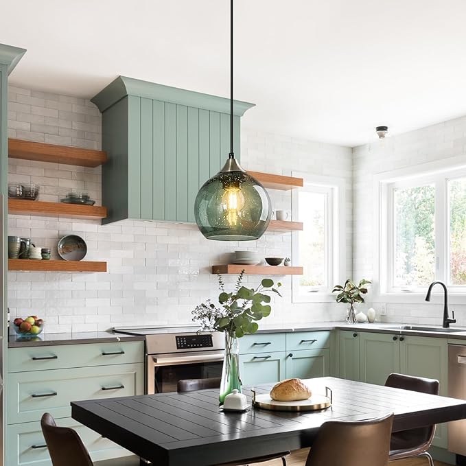 Gray Green Glass Pendant Lights Kitchen Island Lighting Globe Pendant Light Fixtures Modern Pendant Lighting for Kitchen Island Bedroom Living Dining Room Light Fixture(5.9in, 2-Pack)