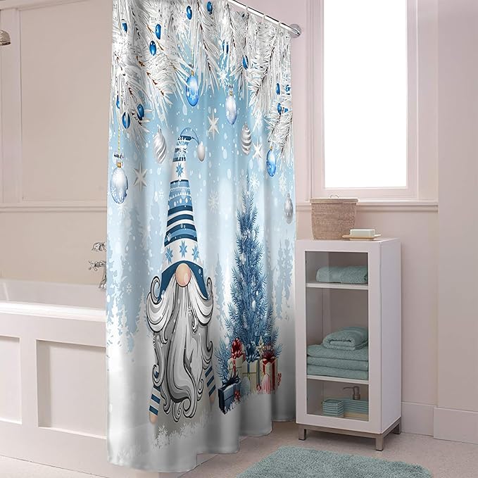 Vandarllin Christmas Gnome Shower Curtain, Winter Merry Christmas Tree Balls Shower Curtains Set with Hooks, Blue Waterproof Fabric Bathroom Curtains Decor Home Accessories, Stall Long 36 X 78 Inch