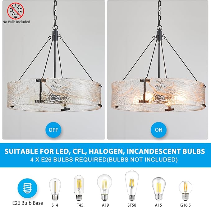 XINGQI Black Glass Chandeliers Modern 4-Light Farmhouse Pendant Lighting Fixtures Elegant Round Chandeliers for Dining Room Kitchen Island Living Room Entryway