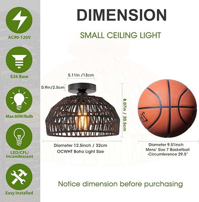 2 Packs Black Boho Light Rattan Ceiling Lighting Fixtures Small Boho Lamp Shade Flush Mount Ceiling Light Hand Woven Chandelier for Entryway Bedroom Kitchen Nursery Lights