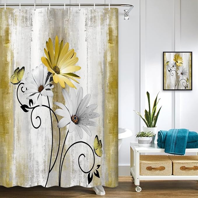 Rustic Farmhouse Shower Curtain, Farm Yellow Daisy Floral Flowers and Butterfly on Country Wooden Shower Curtain for Bathroom, Yellow Bathroom Shower Curtains with 8PCS Hooks, 47X64IN