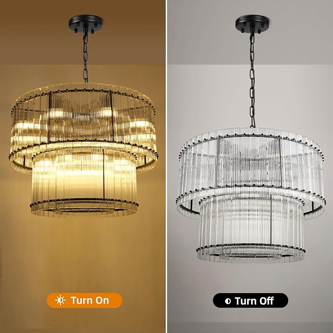 37" Modern Black Round Chandeliers, 3-Tier 16-Light Water Ripple Crystal Glass Chandelier, for Living Room, Foyer, High Ceiling Staircase, Dining Room, Luxury Adjustable Hanging Chandelier