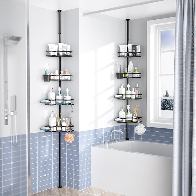 Corner Shower Caddy Tension Pole: 4tier Adjustable Rustproof Bathroom Organizer Shelves - Bathtub Shampoo Rack 43.5-120 inch