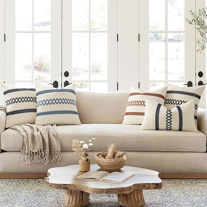 MIULEE Set of 2 Coastal Blue Boho Decorative Pillow Covers 20x20 Inch Farmhouse Rustic Couch Throw Pillows Modern Summer Cotton Cushion Covers Retro Cute Macrame Woven Home Decor for Bed Sofa Chair