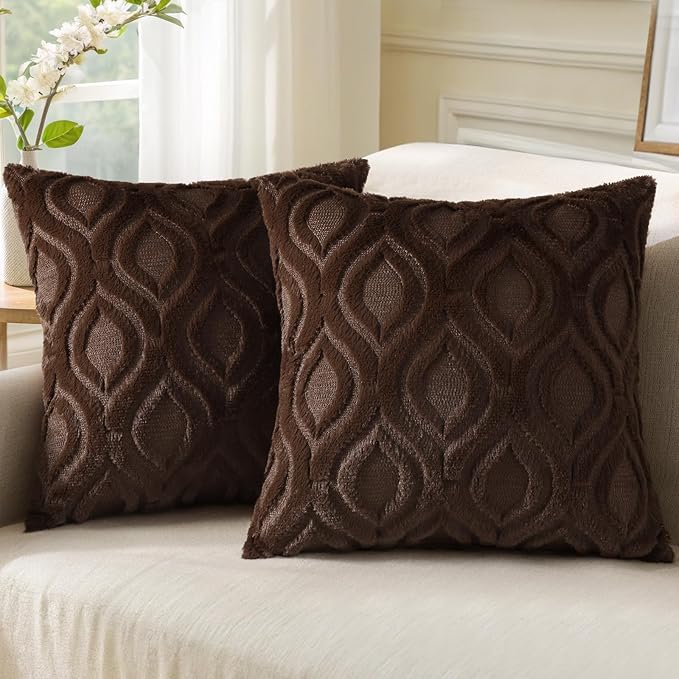 decorUhome Throw Pillow Covers 18x18 Inch Set of 2, Soft Plush Decorative Faux Fur Dark Brown Solid Couch Pillow Covers, Accent Farmhouse Neutral Square Euro Pillow Cases for Sofa Bed Living Room