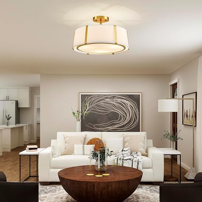 Shrine Lighting Drum Chandeliers, Modern Style, Perfect Ceiling Light Fixture for Living Space, D16'' x H9'', E12*3 Sockets, White Lampshade & Brass Finish