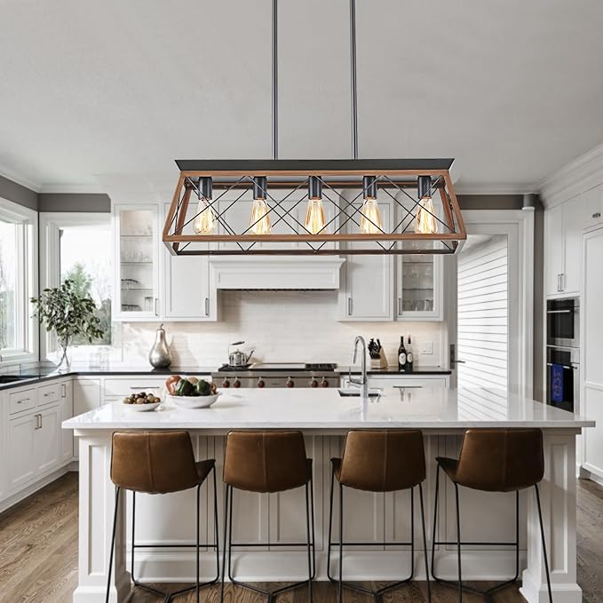 HuixuTe 5-Light Dining Room Chandelier Over Table, Farmhouse Kitchen Island Lighting, Adjustable Height Chandeliers for Kitchen, Dining Room Table Walnut