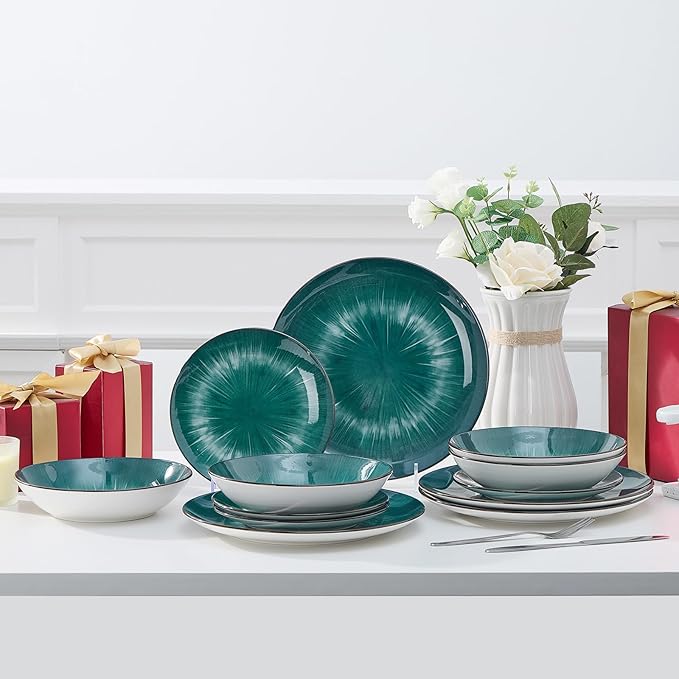 Bestone Porcelain Dinnerware Sets Service for 4, 12 pcs Hand drawn Plates and Bowls Sets, Handmade Ceramic Dish Set, Chip Resistant Modern Plate Set, Dishwasher/Microwave Safe，Starburst Green