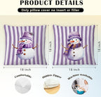 JINYO Purple Christmas Snowman Pillow Covers 18x18 Set of 2, Purple Christmas Decor, Preppy Winter Snowman Striped Throw Pillow Covers for Couch Living Room Bedroom