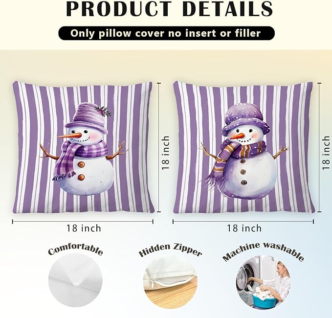 JINYO Purple Christmas Snowman Pillow Covers 18x18 Set of 2, Purple Christmas Decor, Preppy Winter Snowman Striped Throw Pillow Covers for Couch Living Room Bedroom