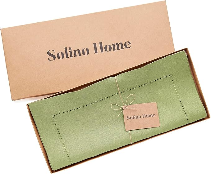 Solino Home Linen Moss Green Table Runner 120 Inches Long - 100% Pure Linen Hemstitch 14 x 120 Inch Table Runner for Dining, Fall, Autumn, Thanksgiving - Classic Hemstitch