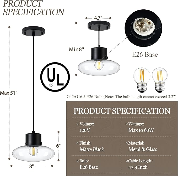 Glass Pendant Lights Kitchen Island, 1-Light Black Modern Pendant Light with Clear Glass, Mini Hanging Ceiling Lighting for Kitchen Sink Bathroom Bedroom, Adjustable Cord, OS-JJ1513-1PBK