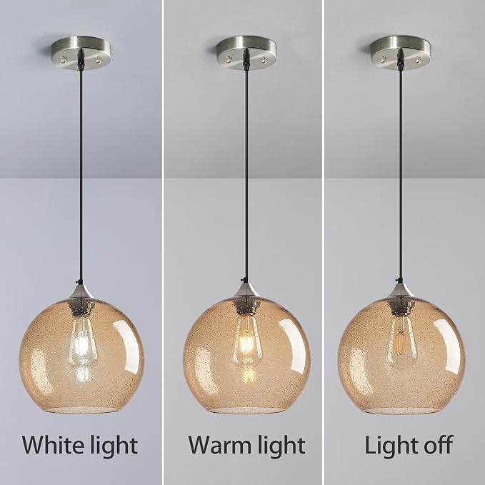 Light Brown Glass Pendant Lights Kitchen Island Globe Pendant Light Fixtures Modern Pendant Lighting for Bedroom Living Dining Room Light Fixture (9.84 in, 3 Pack)