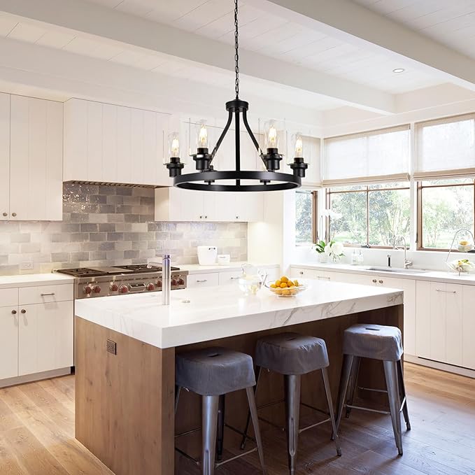 6-Light Farmhouse Chandelier Light Fixture Dining Room Lighting Fixtures Hanging Wagon Wheel Chandelier Kitchen Island Pendant Lights Modern Black Industrial Rustic Adjustable Height Metal