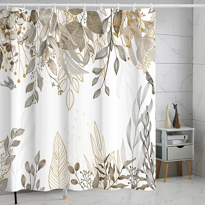 Grey Tan Eucalyptus Leaves Shower Curtain Beige Weeping Branches Leaves Shower Curtains for Bathroom Waterproof Polyester Fabric Bathroom Curtain 72 x 72 Inch with 12 Hooks