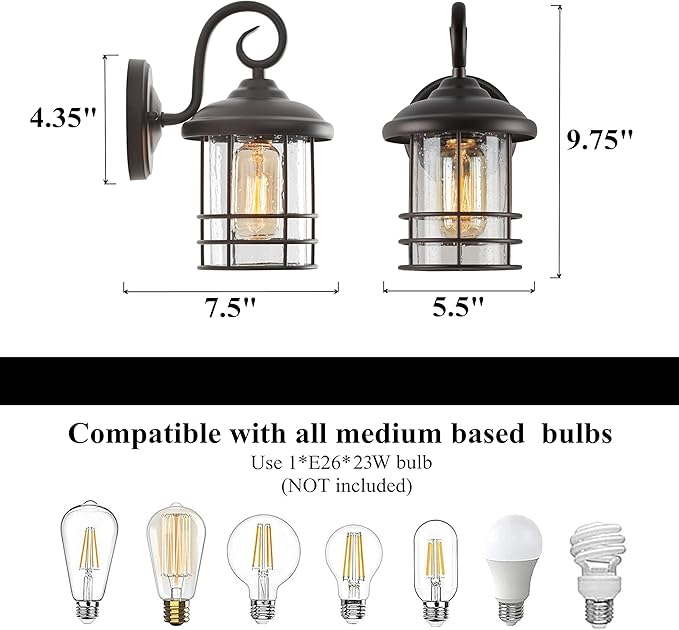 MICSIU Oil Rubbed Bronze Porch Lights Outdoor Wall, Waterproof Farmhouse Exterior Light Fixtures with E26 Sockets & Glass Shades, 9.8 Inch Small Outside Lighting for House, Home, Entryway,Garage