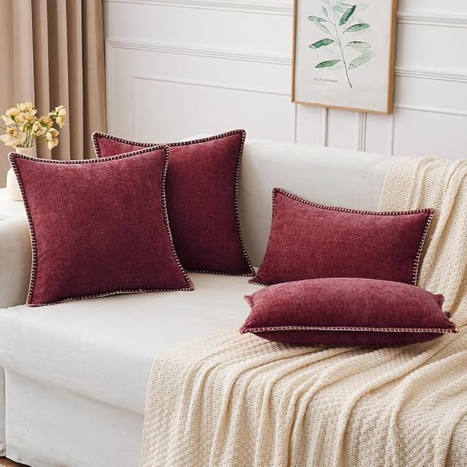 MIULEE Pack of 2 Christmas Pillow Covers 16x16 Inch Burgundy Red Farmhouse Decorative Throw Pillow Covers with Stitched Edge Soft Chenille Solid Dyed Couch Pillow Covers for Sofa Bed Living Room