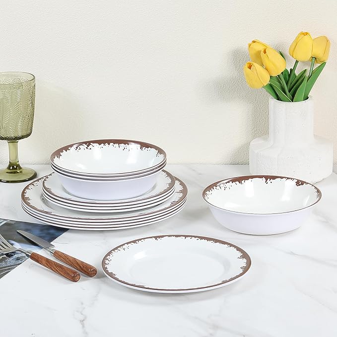 Melamine Dinnerware Set-12 Piece Melamine Plates and Bowls Set for 4,Lightweight yet Durable Dish Set,Camping/RV Unbreakable Serving Dishes, Dishwasher Safe, Off White